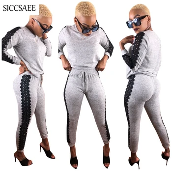 

Black Lace Crochet Side Two Piece Set Loose Pullover Long Pants Sweat Suit Casual Tracksuit For Women Grey Moleton Feminino Fall