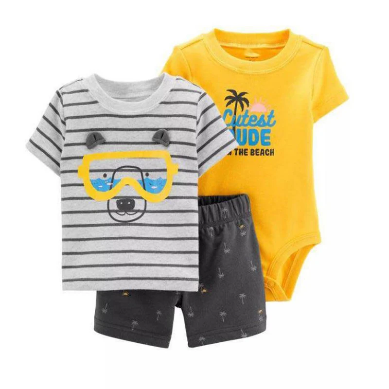 Летний наряд короткий рукав для маленьких мальчиков, футболка с рисунком, топы+ боди с круглым вырезом+ шорты, комплект одежды для новорожденных, костюм для новорожденных 6-24 месяцев