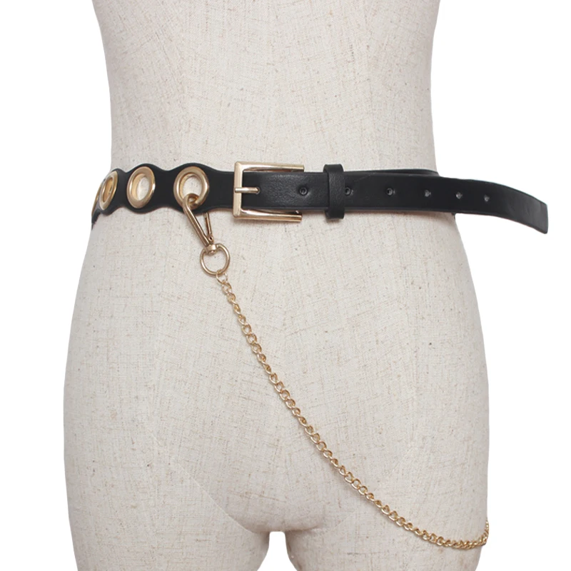 Fashion Women&#39;s causal Vintage Designer Pu leather belts punk Large metal hole Metal Chain Rivet ...