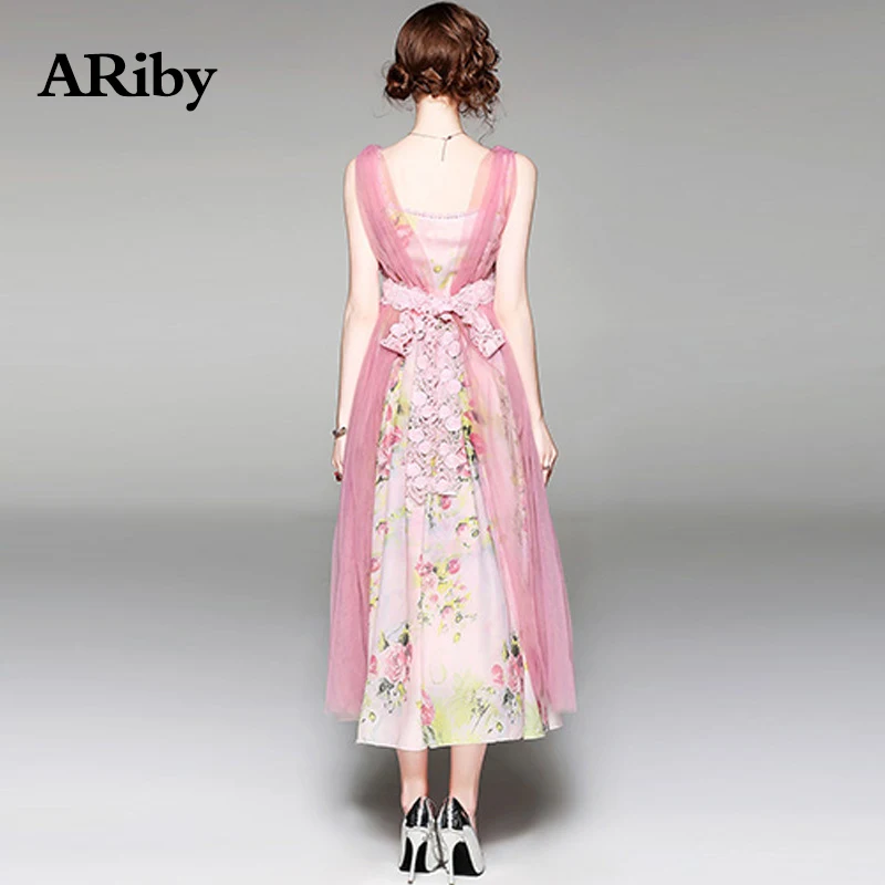 Women Dress Maxi Long Elegant Dress 2019 Summer New Fashion Beach Style Chiffon Print Slim Sleeveless Ankle-Length A-Line Dress