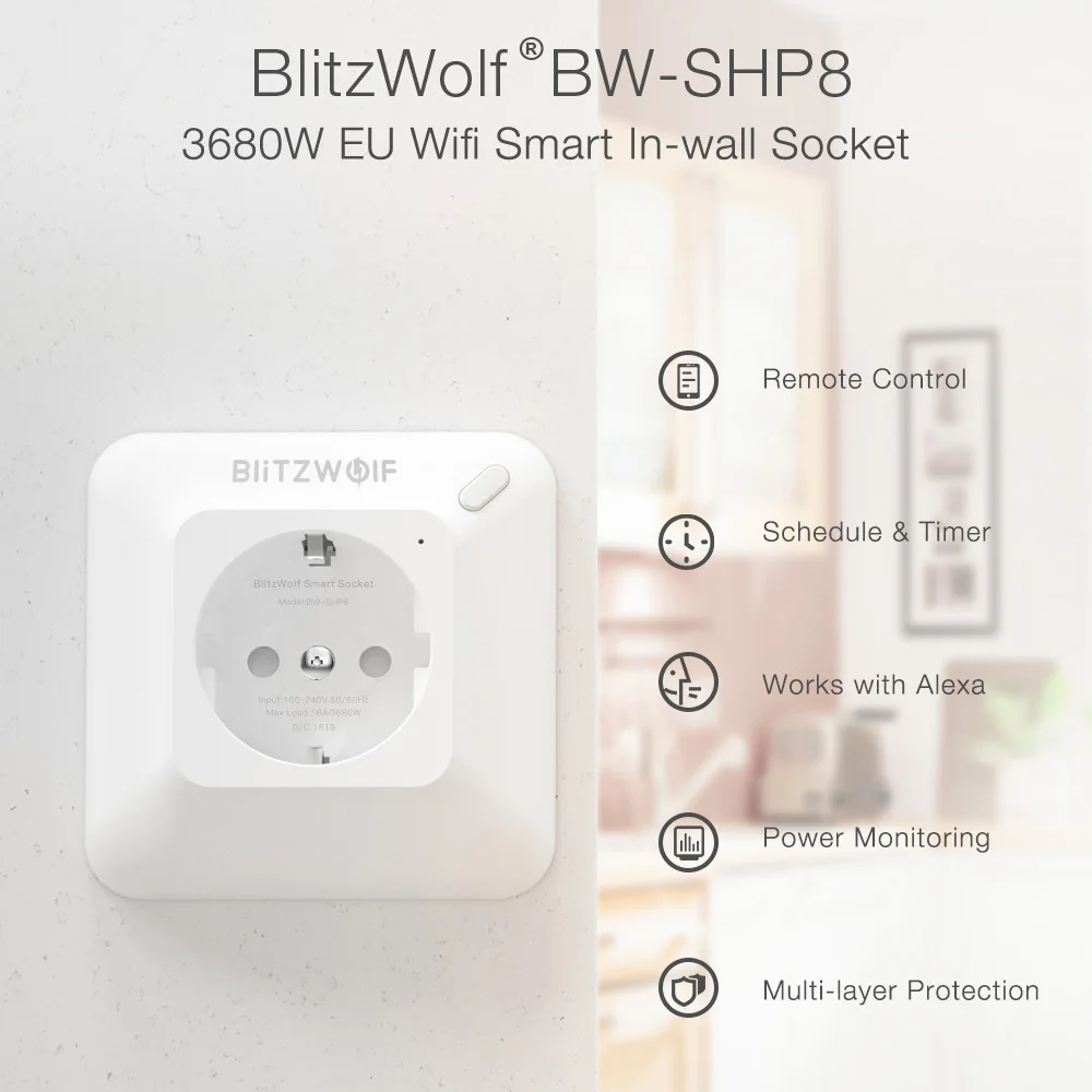 BlitzWolf BW-SHP8, 3680 Вт, 16А, смарт, Wi-Fi, настенная розетка, вилка европейского стандарта, таймер, пульт дистанционного управления, монитор питания, работает с Alexa Google Assistant