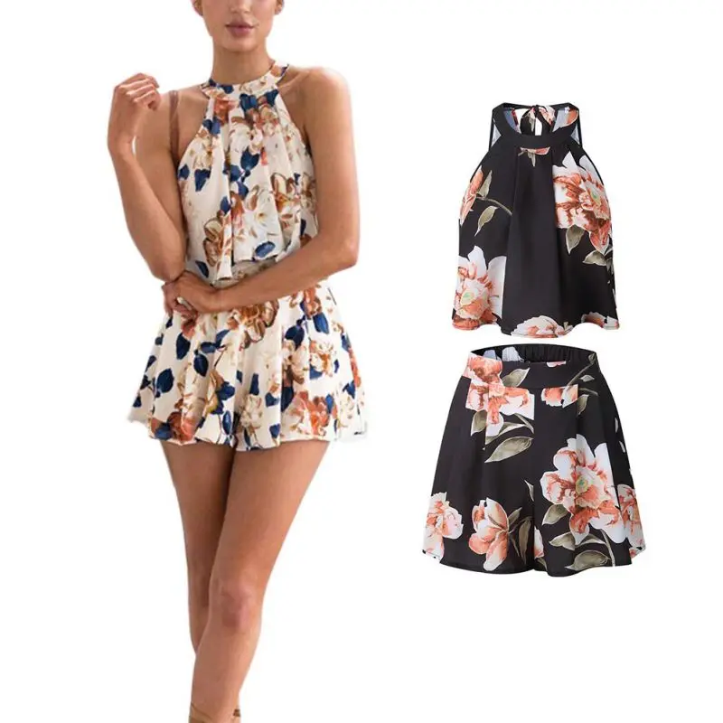 EFINNY Для женщин мода цветочные Холтер жилет шорты летние комплекты без рукавов шорты Комплект из двух предметов