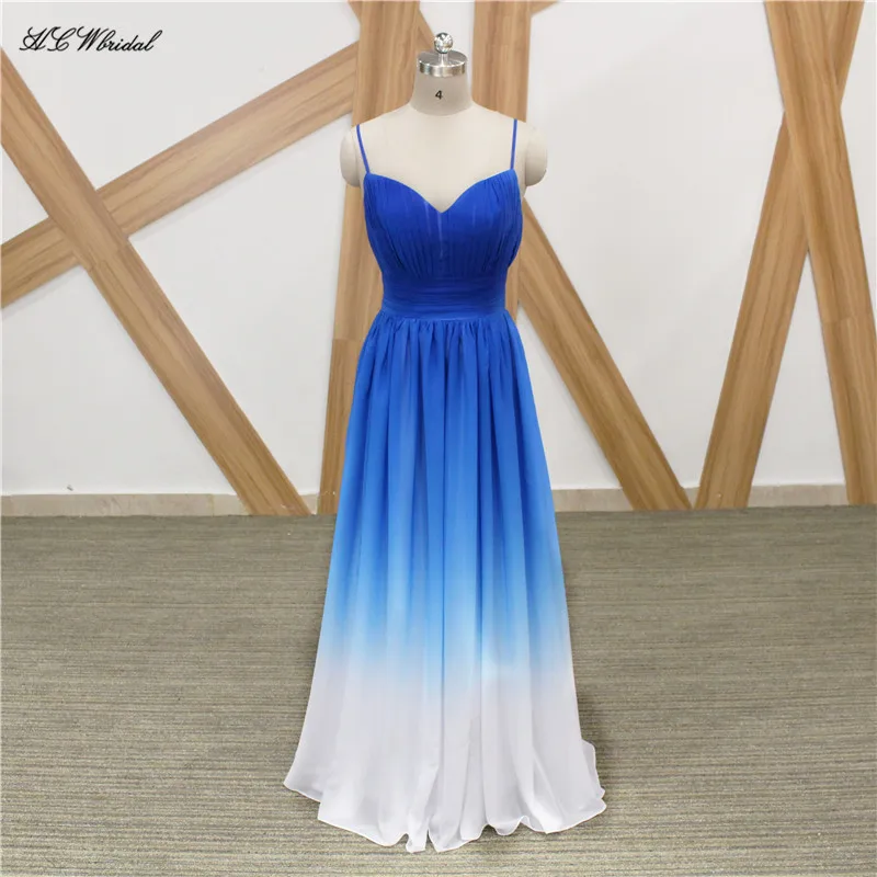

Elegant Long Evening Dress Blue White Gradient Color Chiffon A Line Simple Evening Gowns 2019 Sexy Spaghetti Strap Party Dresses