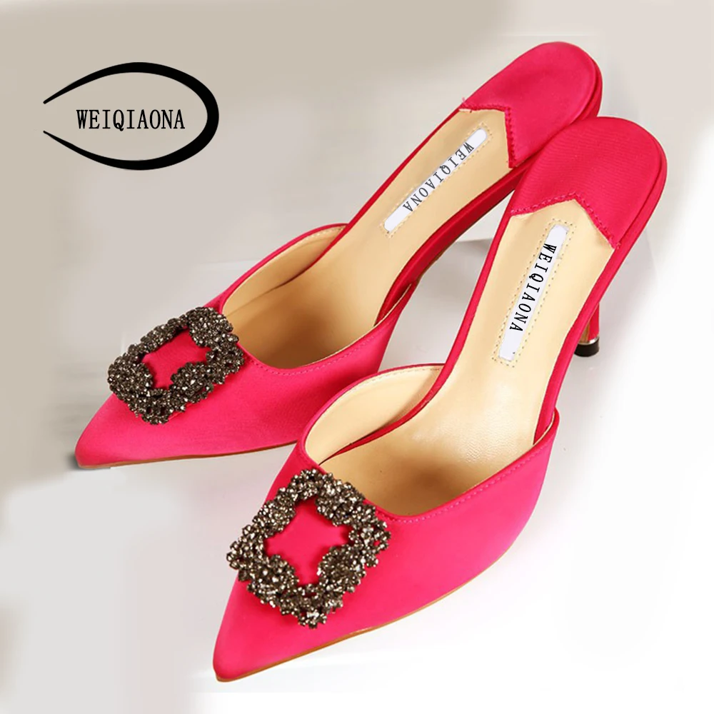 

WEIQIAONA Women Outdoor Slippers Brand Square Crystal Women Shoes Pionted Toe high heel Mid-heel Mules Summer Ladies Shoes