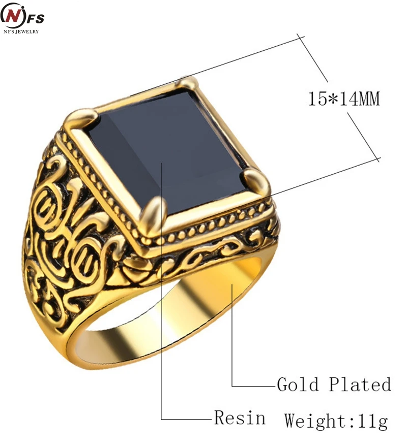 Ретро Черное кольцо класс средневековый стиль панк мужские кольца квадратный черный камень кольцо для женщин античный золотой цвет