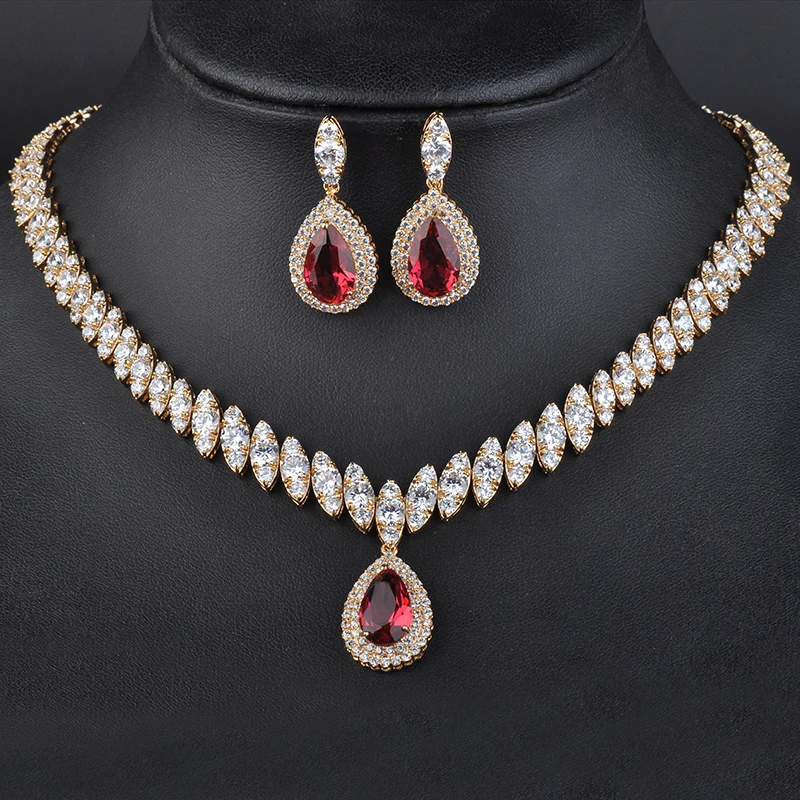 Top Design Elegant Austria Red Crystal Gold Color Romantic Necklace