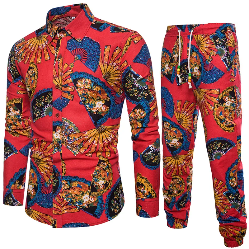 20 различных печати Стиль Для мужчин Цветочные Комплекты из 2 предметов рубашка с цветочным рисунком + Винтаж Штаны дышащая белье хлопок