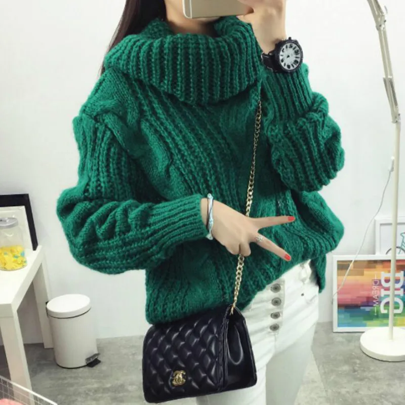 

Women Thicken Turtleneck Twist Sweater Winter Oversize Hemp Flowers Crocheted Pullovers High Neck Loose Knitted Shirts Tops 2018