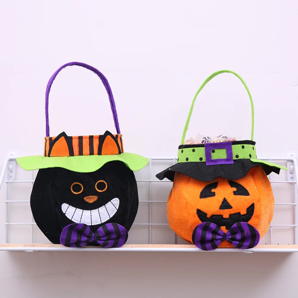 Halloween Candy Gift Bags With Round Cap Tote Bags Pumpkin Witch Black Cat Shape Cloth Sweets Candies Bag Hot Sales