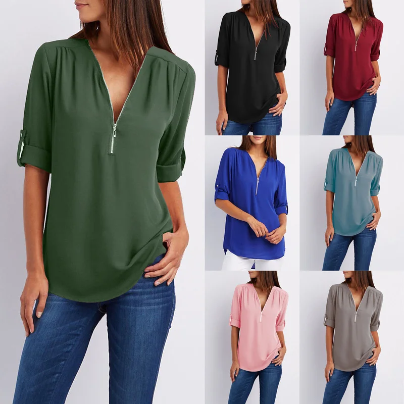 2019 Новые популярные женские летние шифоновые рубашки с v-образным вырезом пуловер на молнии свободные с длинными рукавами повседневные