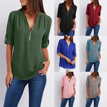 2019 Newly Hot Women Summer Chiffon Shirts V Neck Pullover Zipper Loose Long Sleeves Casual Tops MSK66