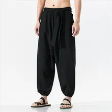 Мужские хлопковые льняные штаны в китайском стиле, новинка, модные широкие брюки с поясом, мужские брюки размера плюс M-7XL