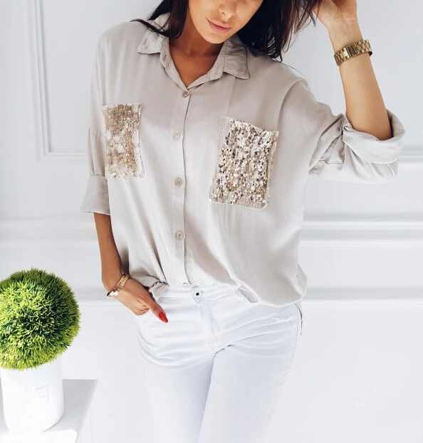 

Brand New Women's Loose Chiffon Sequined Shirt Tops Long Sleeve Loose Casual Blouse Fashion Top Clothes