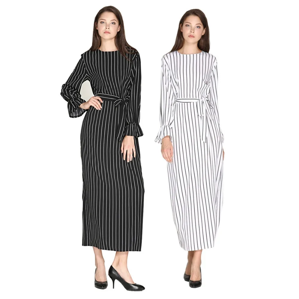 

Elegant Striped Full Dress Flare Sleeve Abaya Vestidos Long Robes Tunic Muslim Kimono Middle East Ramadan Arab Islamic Clothing
