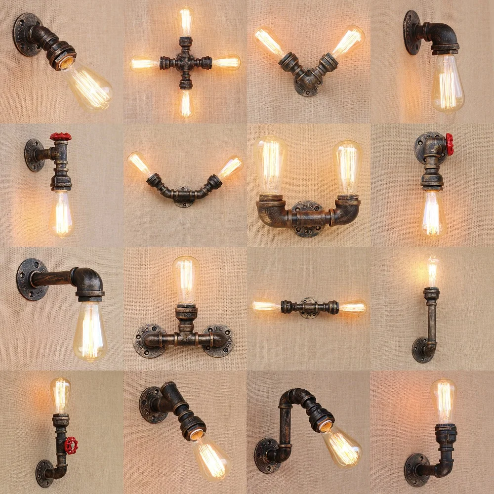 

Retro Industrial Wall Lamp Vintage Iron Rust Water Pipe Lamps E27 Loft Light Plated Indoor Lighting Home Bedroom Restaurant Deco