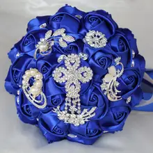 Роскошный Королевский синий Кисточки алмаз свадебный букет Кристалл Брошь Свадебный букет Шелковый Искусственный цветок розы W235