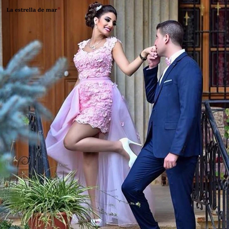 Vestidos formatura2019 новый кружевной цветок украшенные бисером Короткие рукава Роскошный розовый может быть удален платье для выпускного вечера