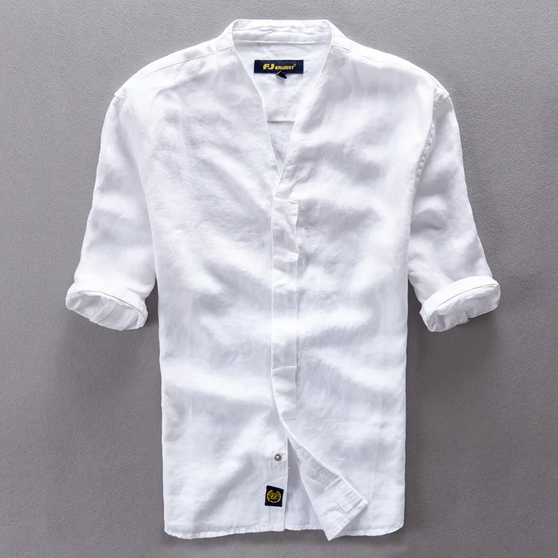 Helisopus 2019 Ретро чистый Льняная мужская рубашка с короткими рукавами Повседневная рубашка летние дышащие свободные тип s