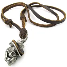 Jewelry Men’s Necklace, Gothic Skull Headdress, Adjustable Sizes Alloy Pendant with Leather Necklace, Brown