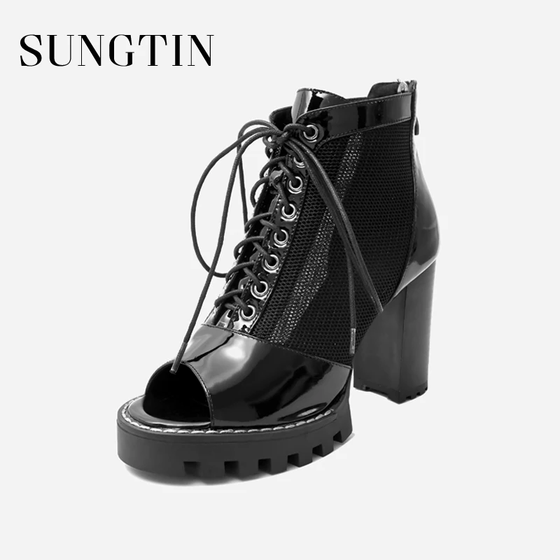 

Sungtin 2018 New Genuine Leather Lace Up Ankle Boots Women Summer Mesh Peep Toe Martin Boots Ladies Platform Square High Heels