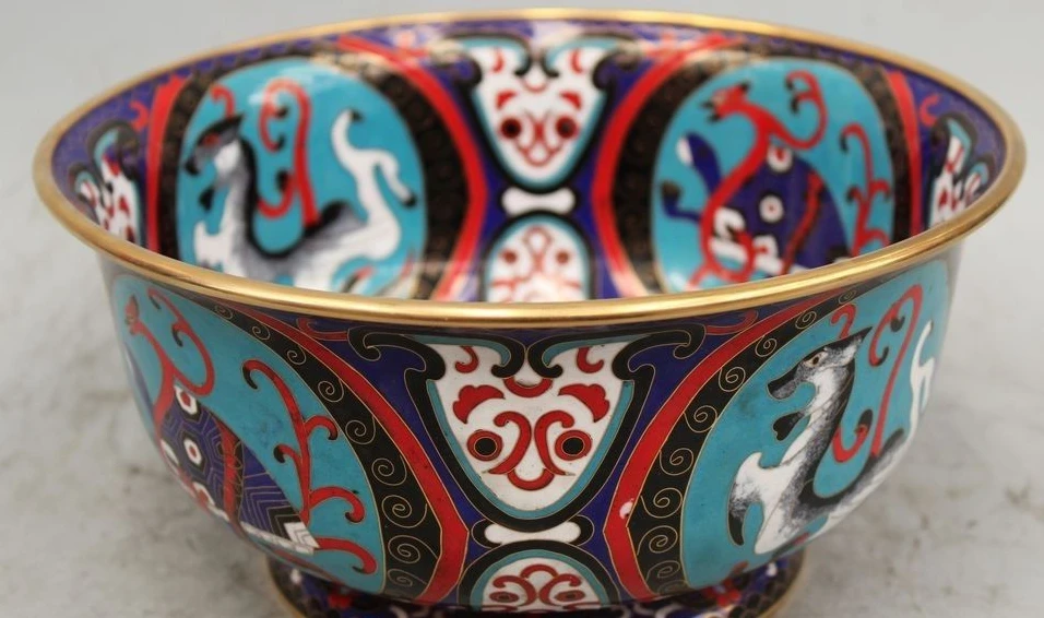 

10"Marked Chinese old folk bronze Cloisonne beast phoenix flowers Bowl Cup statu