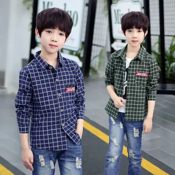 

New Design Boys School Shirt Fashion High Quality Spring Autumn Casual Long Sleeve Navy Plaid Cotton Soft Shirts For Teenagers