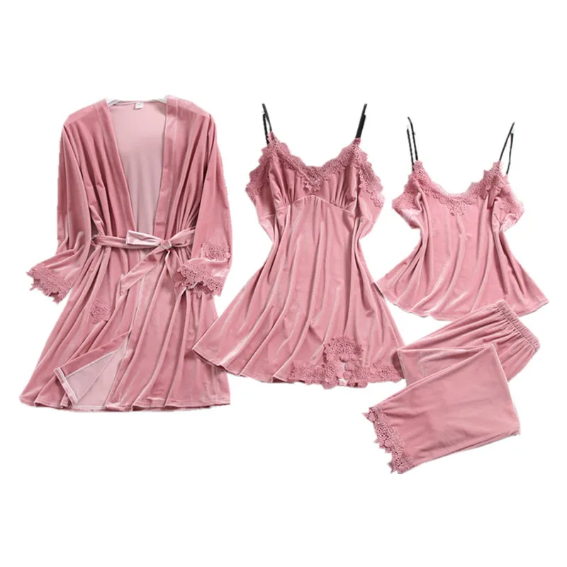 

2019 Autumn Winter Velvet Women 4 Pieces Warm Pajamas Sets With Pants Sexy Lace Pijama Thick Sleepwear Pyjama Nightwear