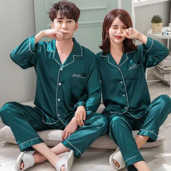 

Autumn Spring Couple Matching Pajamas Set Faux Silk Satin Solid Simple Full Plus Home Wear For Lovers Woman Man Autumn 2018 New