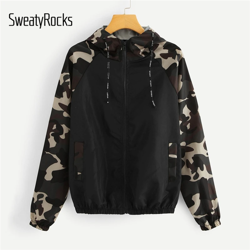 Камуфляжная Женская куртка SweatyRocks, ветровка на молнии, толстовки, одежда, контрастная панель, рукав реглан, женские пальто и куртки