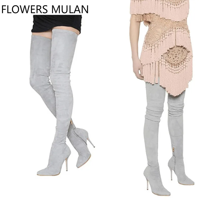 

women over the knee boots 2019 new release women winter suede pointed toe thin high heels 9.5 cm stretch long booties size 34-42