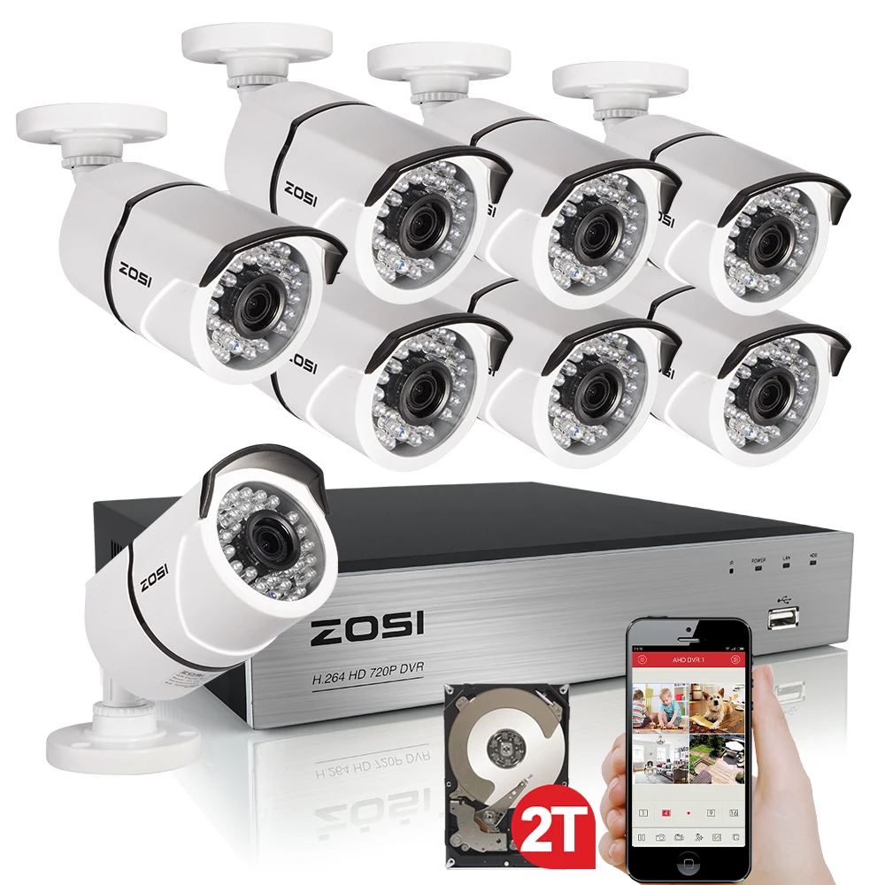  ZOSI 1080P 8CH TVI DVR with 8X 1080P HD Outdoor Home Security Video Surveillance Camera System 2TB Hard Drive White 
