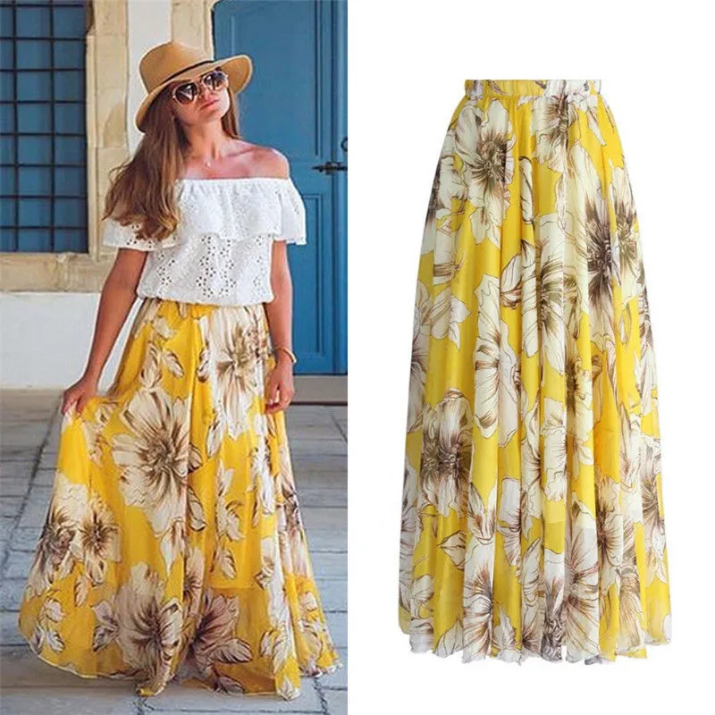 

Summer Bohemian Woman Flower Printed Gauze High Waist Beach Wind Comfortable Skirt Three Colors Sizes S-XL