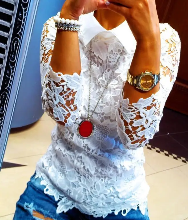 2016 Новая блузка модная женская одежда сексуальная с длинным рукавом Кружева