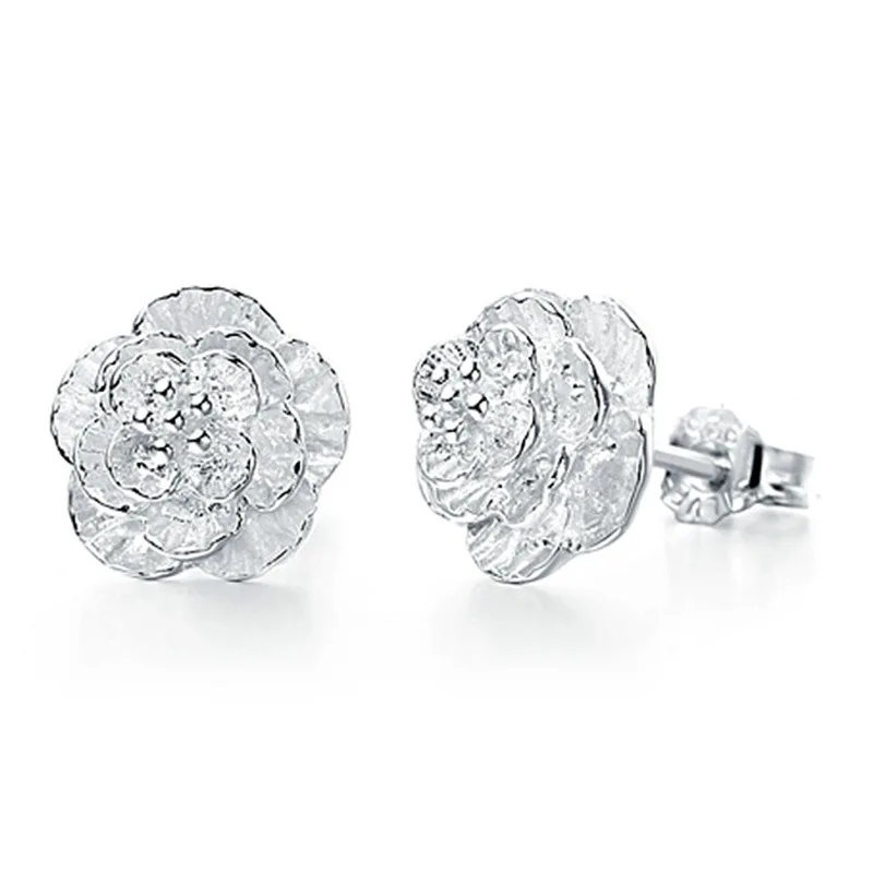 

100% 925 sterling silver fashion rose flower ladies`stud earrings jewelry women birthday gift drop shipping Anti allergy cheap