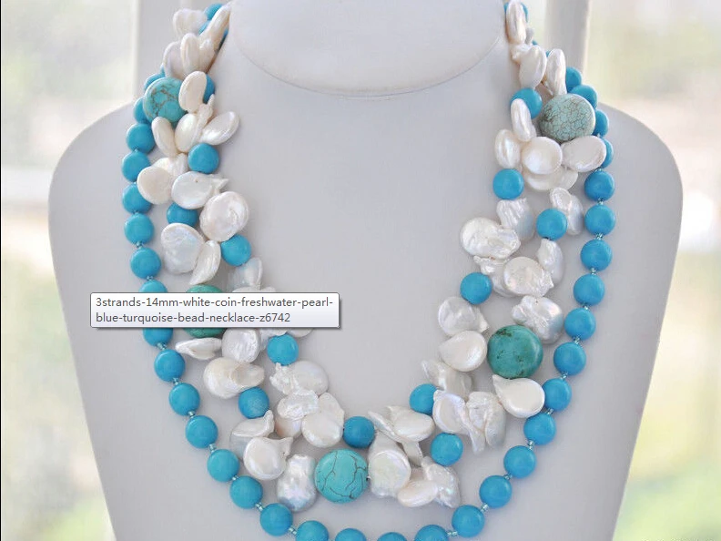 

00063 white coin freshwater pearl blue turquoise bead necklace