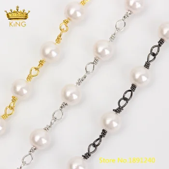 

5M/lot Round Pearl Glass Beaded Chain Findings,Simulated Pearl Wire Wrapped Connector Rosary Chains Crafts Chokers Jewelry