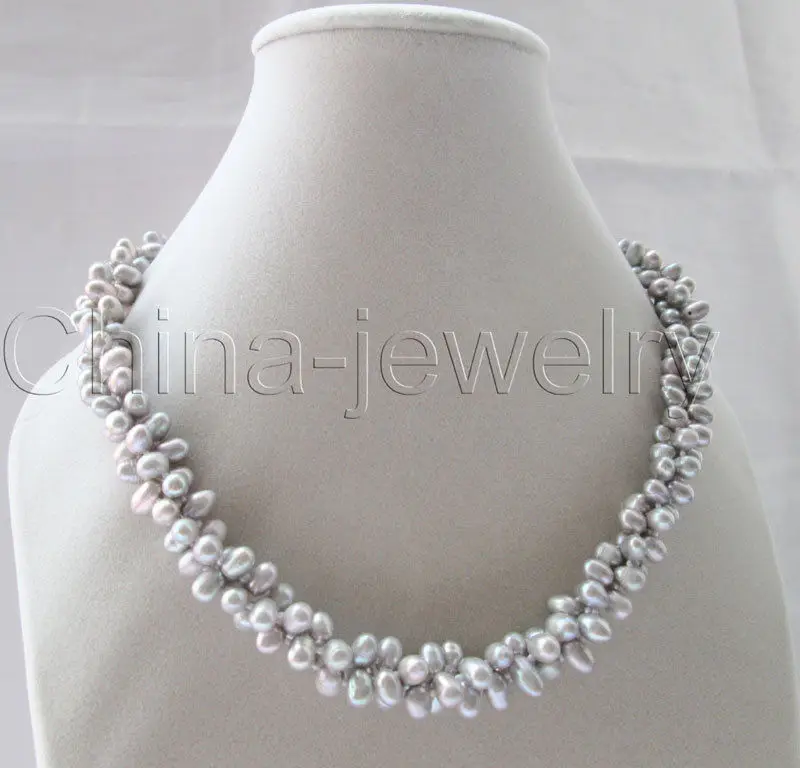 

FREE shipping>>>> Beautiful 18" 3row 8mm gray baroque rice freshwater pearl necklace - GP clasp