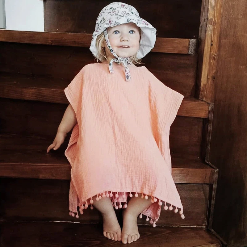 Летнее пляжное платье для девочек милая детская одежда для купания детский купальный костюм сарафан-накидка платье бикини топы с капюшоном и кисточками, детская пляжная одежда