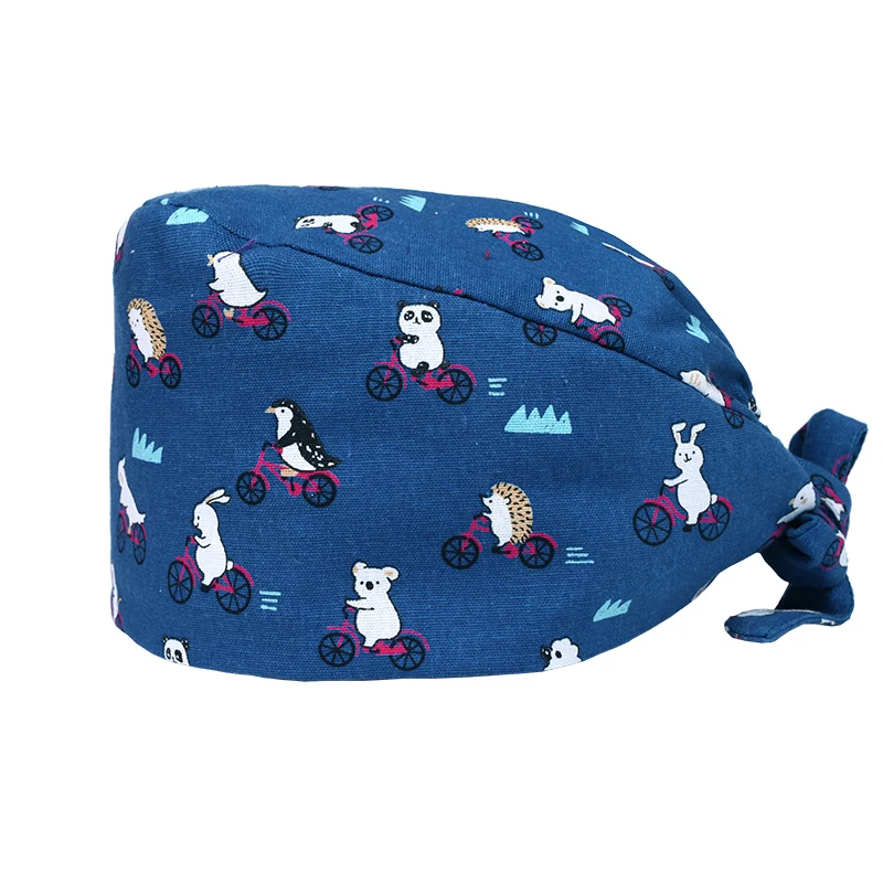 

Animal Bicycle Blue Print Surgical Scrub Caps Nurse Work Hat for Women and Men Adjustable Tieback Cotton Dental Clinic Hats