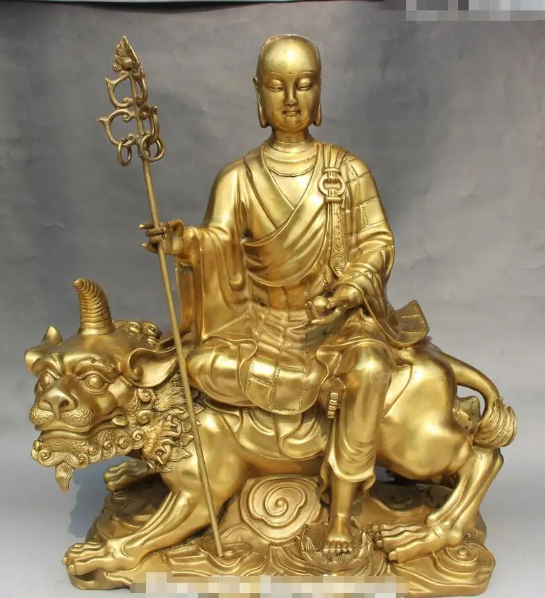 18" Chinese Tang Seng San Zang Ksitigarbha Buddha On Lion Unicorn Statuebuddha statue history