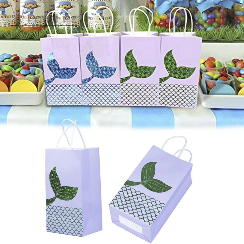 

6Pcs Mermaid Paper Bag Blue Green Environment Friendly Kraft Paper Bag Gift Bag For Mermaid Theme Party Baby Shower Decor