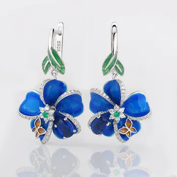 

Buyee 925 Sterling Silver Fashion Big Earrings Women Big Blue Enamel Flower and Shiny Zircon Earring for Women Wedding Jewelry