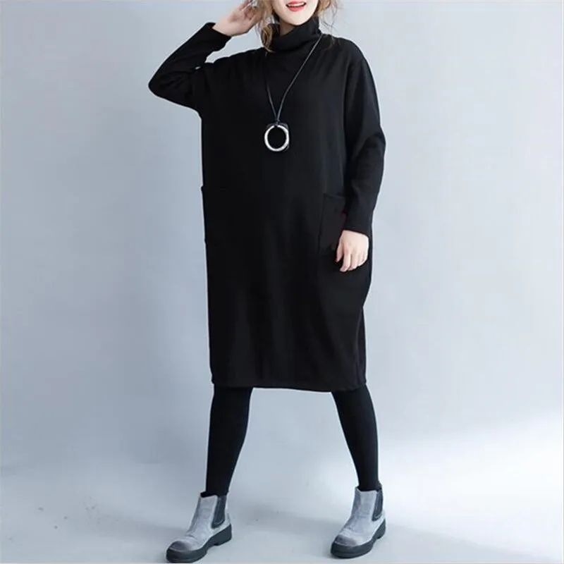 

Women New 2019 Turtleneck Straight Dress Pockets Female Plus Size M-5XL Autumn Winter Warm Vestidos Oversized Pullover Dresses