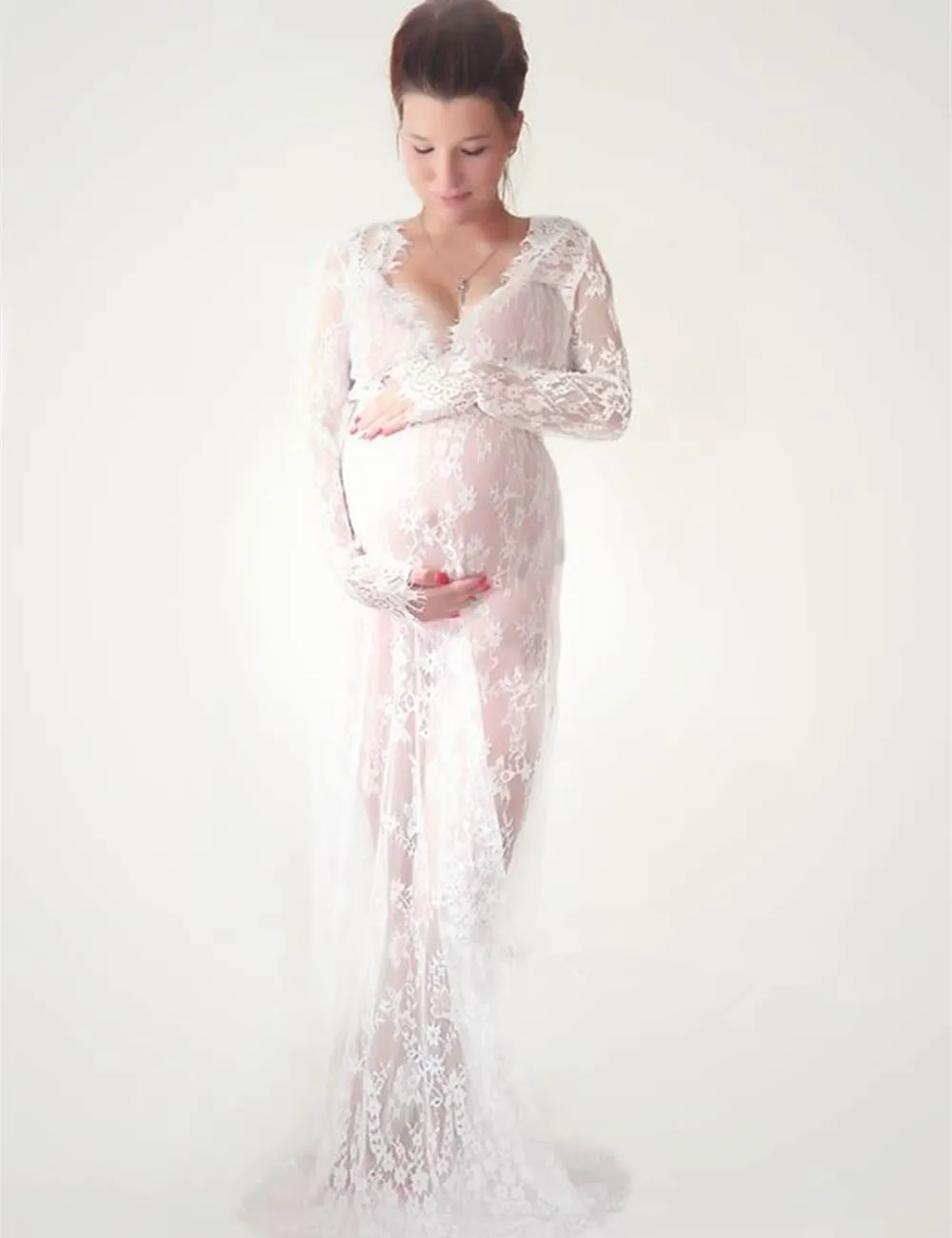 Wamvp Pregnant Women Lace Maternity Dress Photography Elegant Pregnancy Photo Shooting Long Wedding Maxi Maternity Dress Evening Dress 
