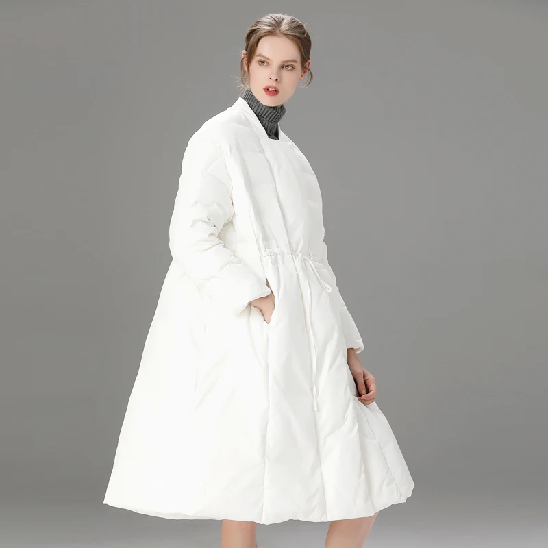 Winter Long Down Jacket Female 2019 Fashion Bright Thick White Duck Down Coat Round Neck Jackets Women Winter Outerwear Warm