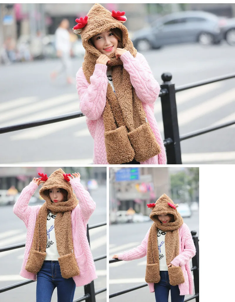 Women New Scarf Gloves Three-Piece Set Fashion Christmas Deer Plush Cartoon Hat Cute Sweet Wild Plus Velvet Scarf SN40 (6)