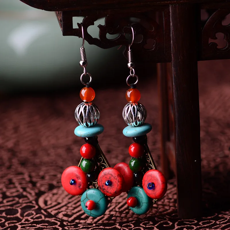 

Zinc alloy Hook earrings for women blue red turkey stone round black green beads drop ethnic vintage femme jewelry fashion 2017