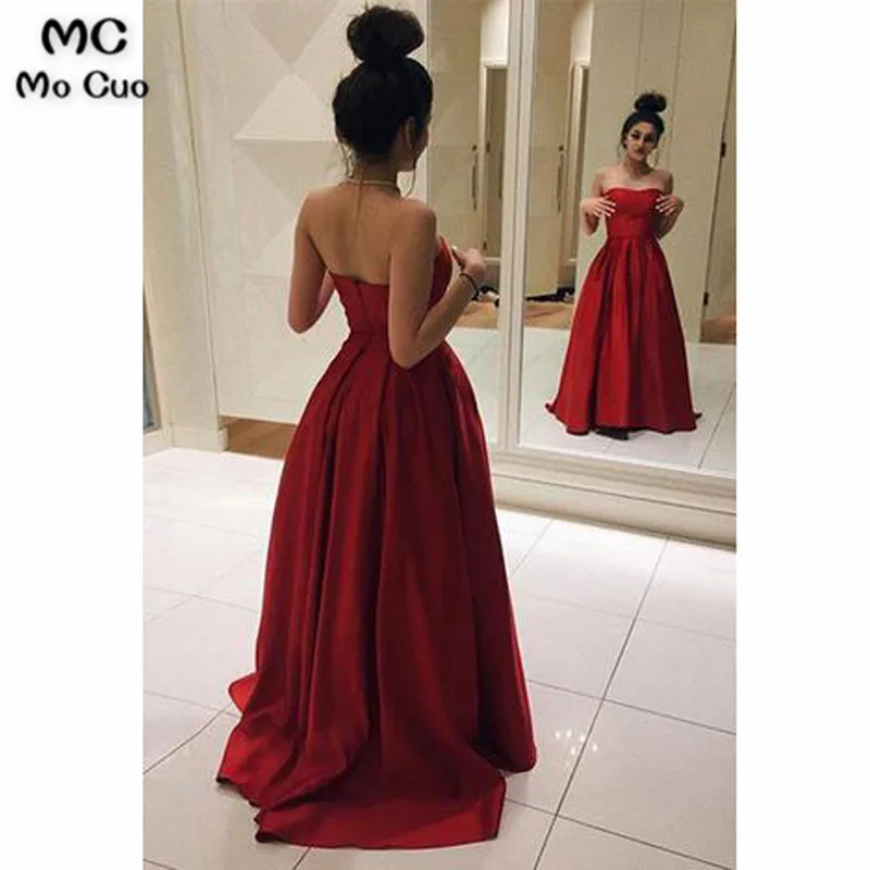 

2019 Burgundy Strapless Evening Dresses Long with Pockets Zipper Back Sweep Train Satin Evening Party Dress for Women