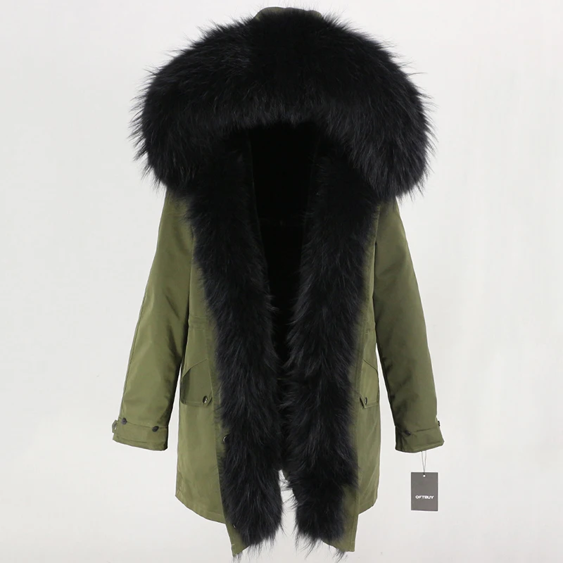 Женская парка с мехом енота OFTBUY, черное водонепроницаемое пальто на меху, с большим капюшоном с отделкой из натурального меха енота, верхняя одежда со съемным мехом, зима - Цвет: green black