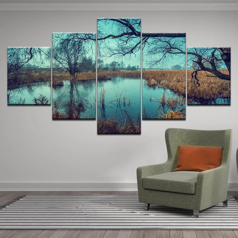 

5 Pieces landscape Picture Abstract forest tree scene Lake water Wall Art Living Room Home Decor Canvas Paintings Prints Posters